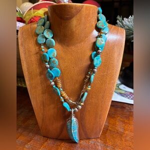 Rae Ramsey Natural Turquoise Beaded Necklace 36” with feather Pendant. RODEO